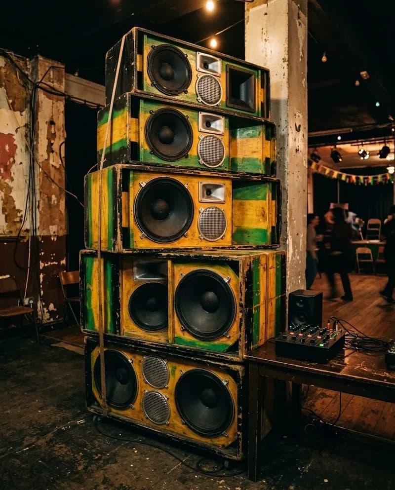 Colunas de sound system empilhadas, pintadas de dourado e verde