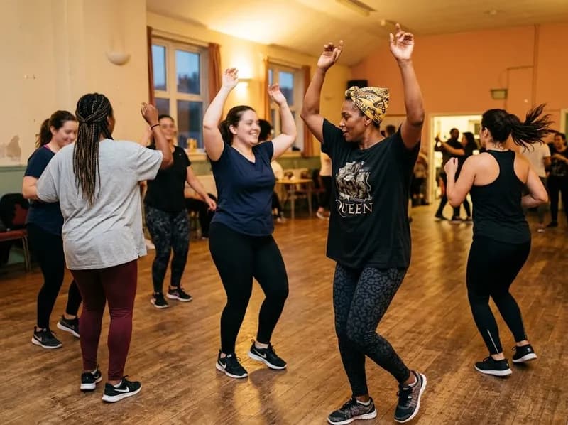 Mulheres com mais de 30 anos a dançar dancehall juntas, a sorrir, num salão comunitário