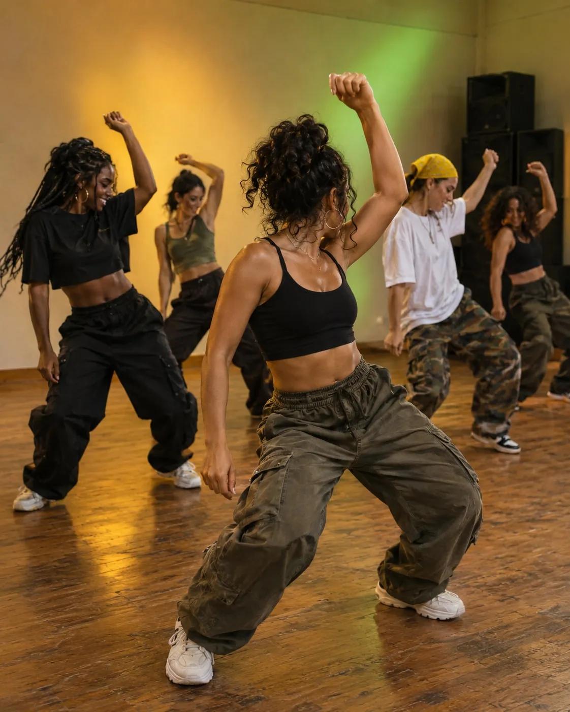 Uma crew de dancehall feminina a meio de um passo, num salão comunitário iluminado a dourado e verde
